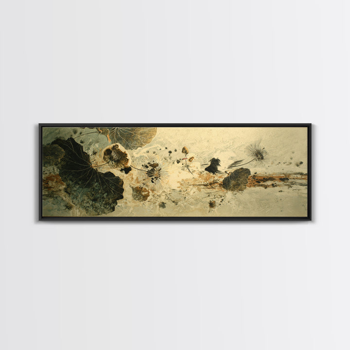 Crane and Lotus Composition Framed Canvas Print, Bird Art, Mid Century Wall Art, Living Room Decor, Fine Art, Flight, BIR-3x1-57