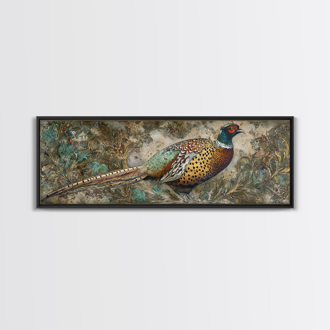 Pheasant with Ornate Feather Details Framed Canvas Print, Bird Art, Wall Art, Living Room Decor, Flight, Japanese Wall Art, BIR-3x1-59