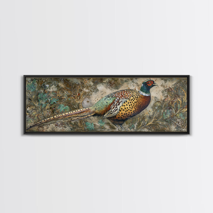 Pheasant with Ornate Feather Details Framed Canvas Print, Bird Art, Wall Art, Living Room Decor, Flight, Japanese Wall Art, BIR-3x1-59
