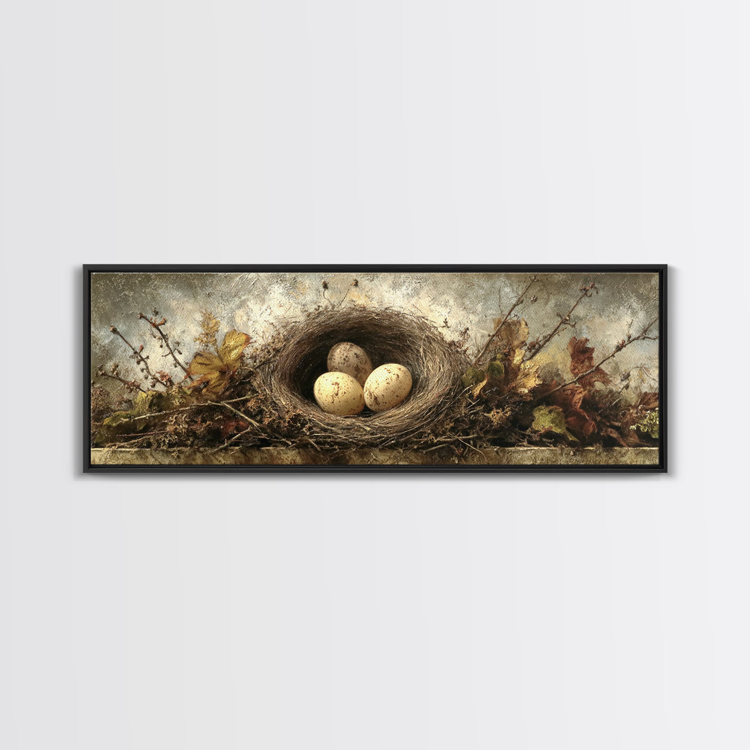 Bird Nest with Eggs and Delicate Twigs Canvas Print, Bird Art, Gallery Decor, Living Room Decor, Oil Painting, Flight, BIR-3x1-62