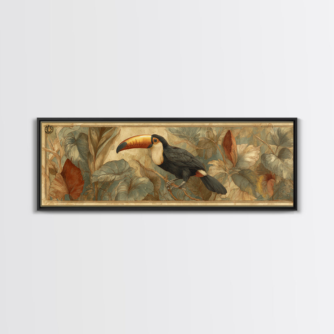 Toucan Framed by Bold Jungle Foliage Framed Canvas Print, Bird Art, Room Decor, Living Room Decor, Fine Art, Flight, BIR-3x1-63