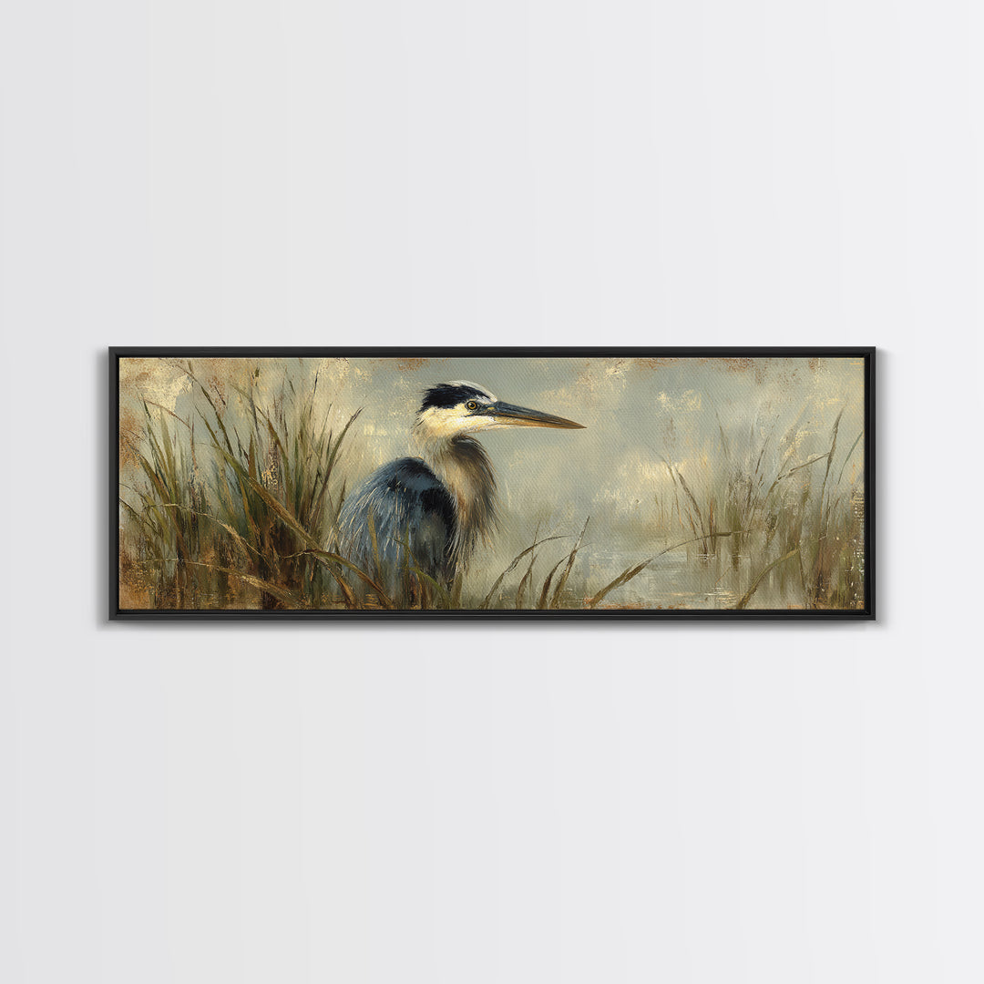 Blue Heron in Misty Marsh Grass Canvas Print, Bird Art, Boho Wall Decor, Living Room Decor, Fine Art, Flight, Nature Wall Art, BIR-3x1-66