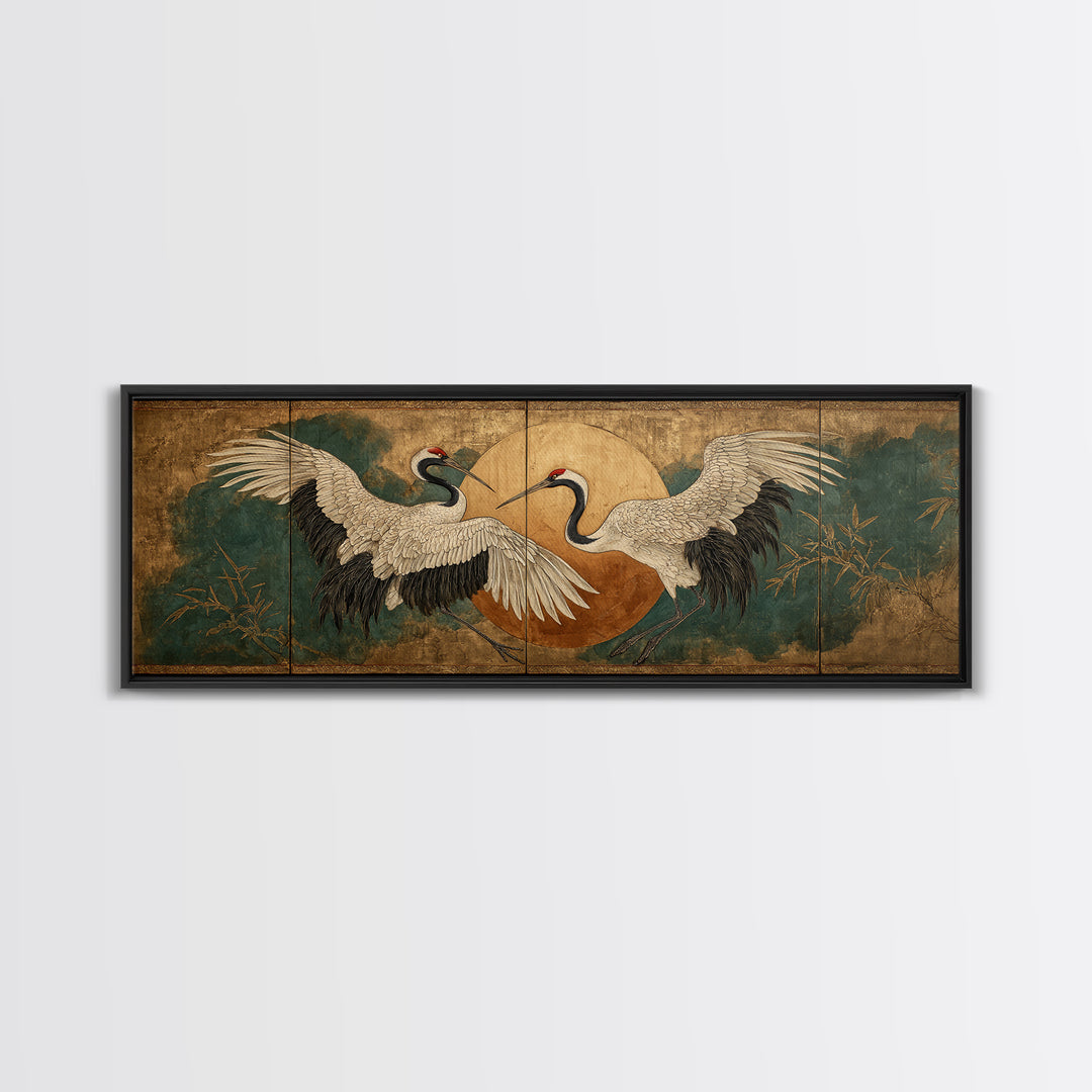 Pair of Cranes Dancing Framed Canvas Print, Bird Art, Digital Print, Living Room Decor, Abstract Art, Flight, Bird Prints, BIR-3x1-67