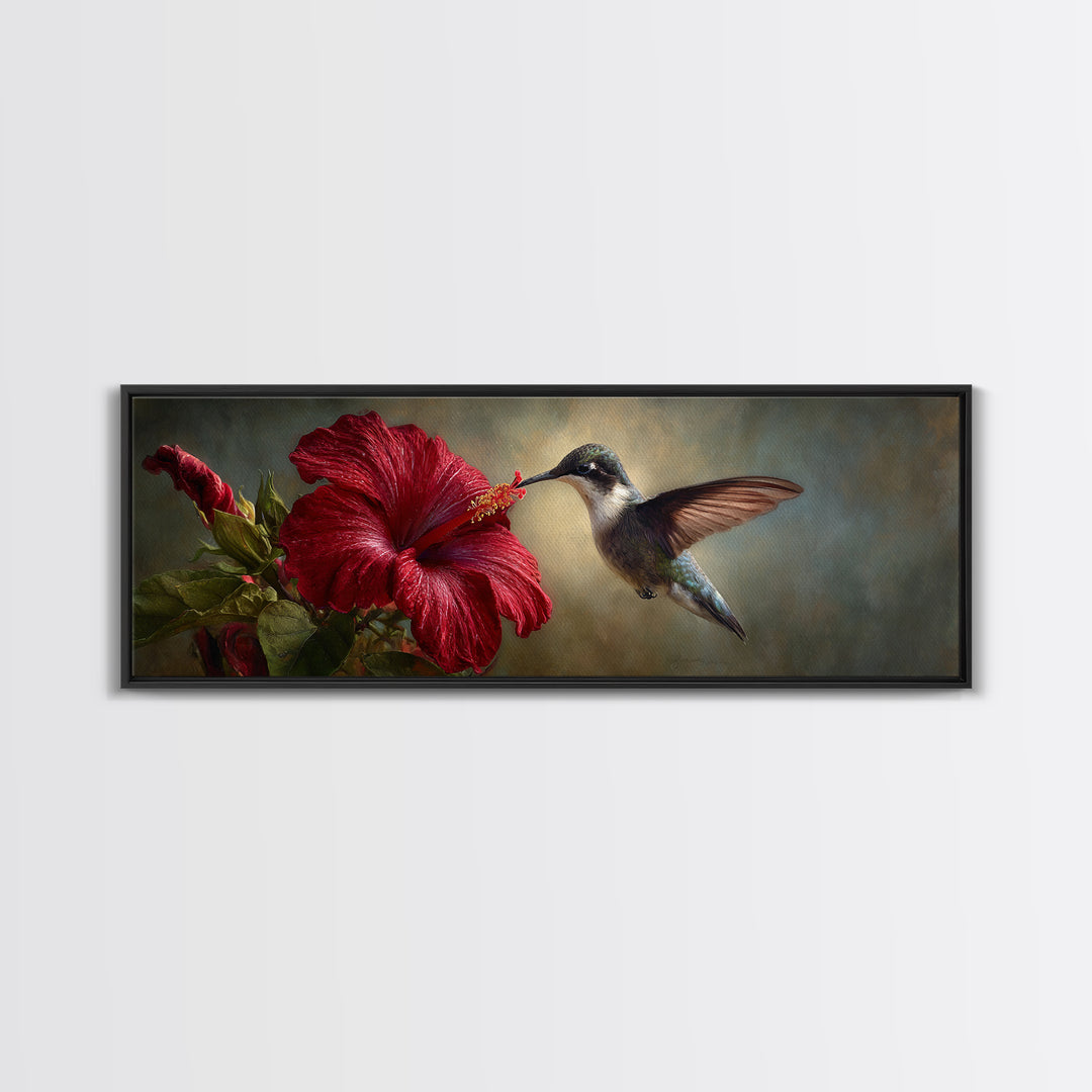 Hummingbird Hovering Beside Bright Hibiscus Framed Canvas Print, Bird Art, Living Room Decor, Watercolor Art, Flight, BIR-3x1-68