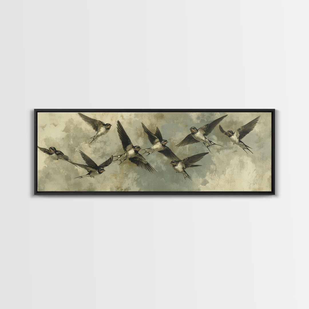 Flock of Swallows Sweeping Across Open Sky Canvas Print, Bird Art, Art Print, Living Room Decor, Oil Painting, Flight, BIR-3x1-70