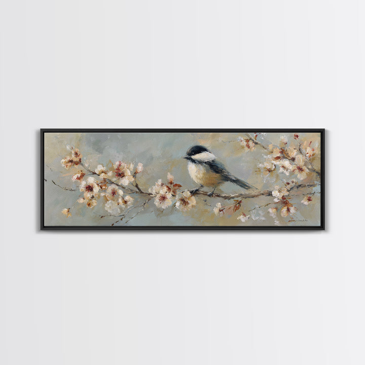 Songbird Perched on Cherry Blossoms Framed Canvas Print, Bird Art, Wall Art, Living Room Decor, Flight, Japanese Wall Art, BIR-3x1-72