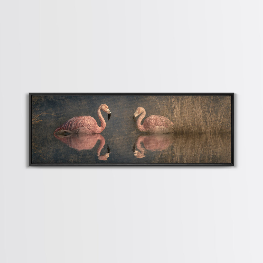 Flamingo Pair in Coral Water Reflections Framed Canvas Print, Bird Art, Modern Art, Living Room Decor, Oil Painting, Flight, BIR-3x1-74