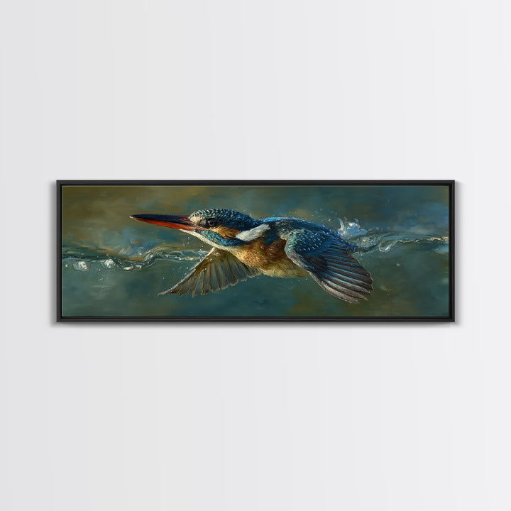Kingfisher Diving Toward Blue Water Canvas Print, Bird Art, Farmhouse Decor, Living Room Decor, Flight, Digital Download Art, BIR-3x1-75