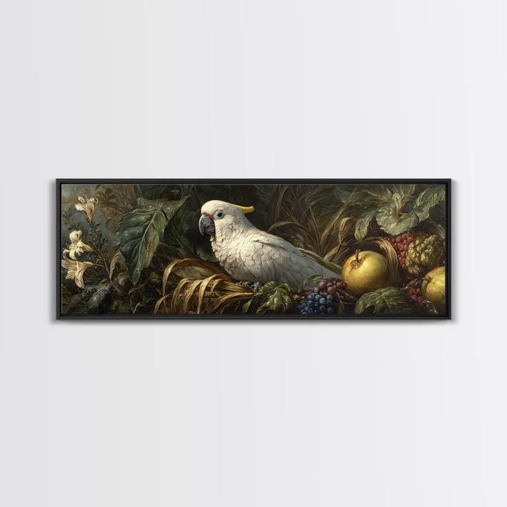 Parrot Among Tropical Leaves and Fruit Framed Canvas Print, Bird Art, Bird Prints, Living Room Decor, Fine Art, Flight, BIR-3x1-77