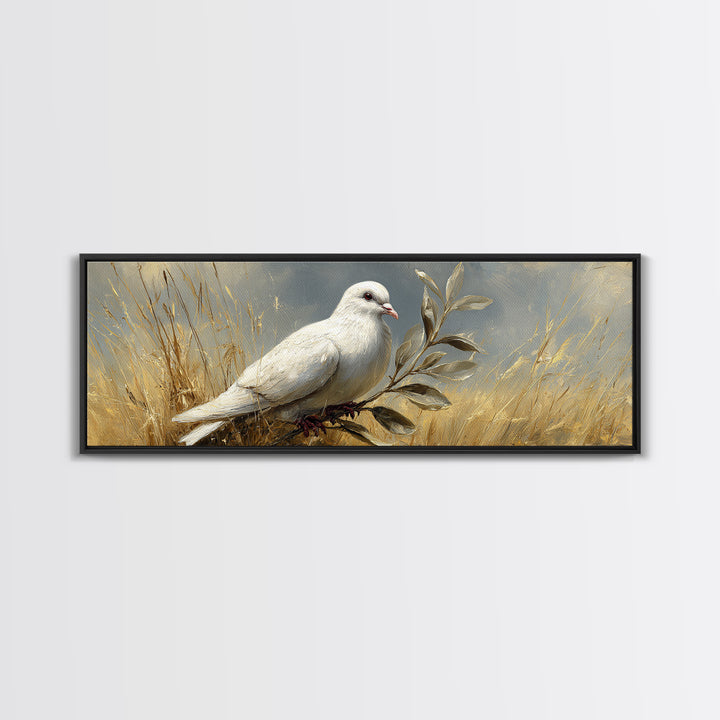 White Dove with Olive Branch and Calm Canvas Print, Bird Art, Nature Prints, Living Room Decor, Watercolor Art, Flight, BIR-3x1-8