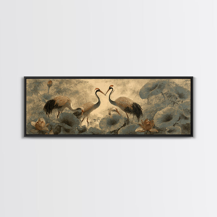 Crane and Lotus Composition Framed Canvas Print, Bird Art, Mid Century Wall Art, Living Room Decor, Fine Art, Flight, BIR-3x1-81