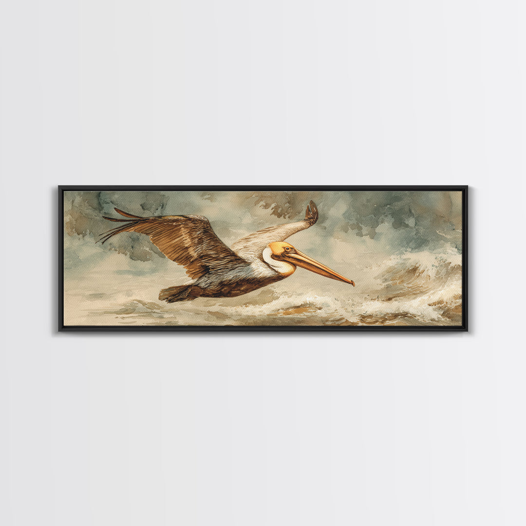 Pelican Flying over Coastal Waves Framed Canvas Print, Bird Art, Japanese Wall Art, Living Room Decor, Fine Art, Flight, BIR-3x1-82