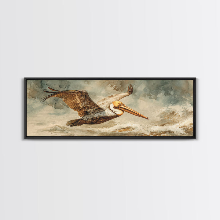 Pelican Flying over Coastal Waves Framed Canvas Print, Bird Art, Japanese Wall Art, Living Room Decor, Fine Art, Flight, BIR-3x1-82