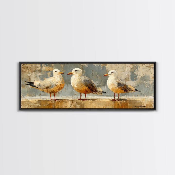 Seagulls Above a Pale Beach Horizon Framed Canvas Print, Bird Art, Digital Prints, Living Room Decor, Fine Art, Flight, BIR-3x1-84