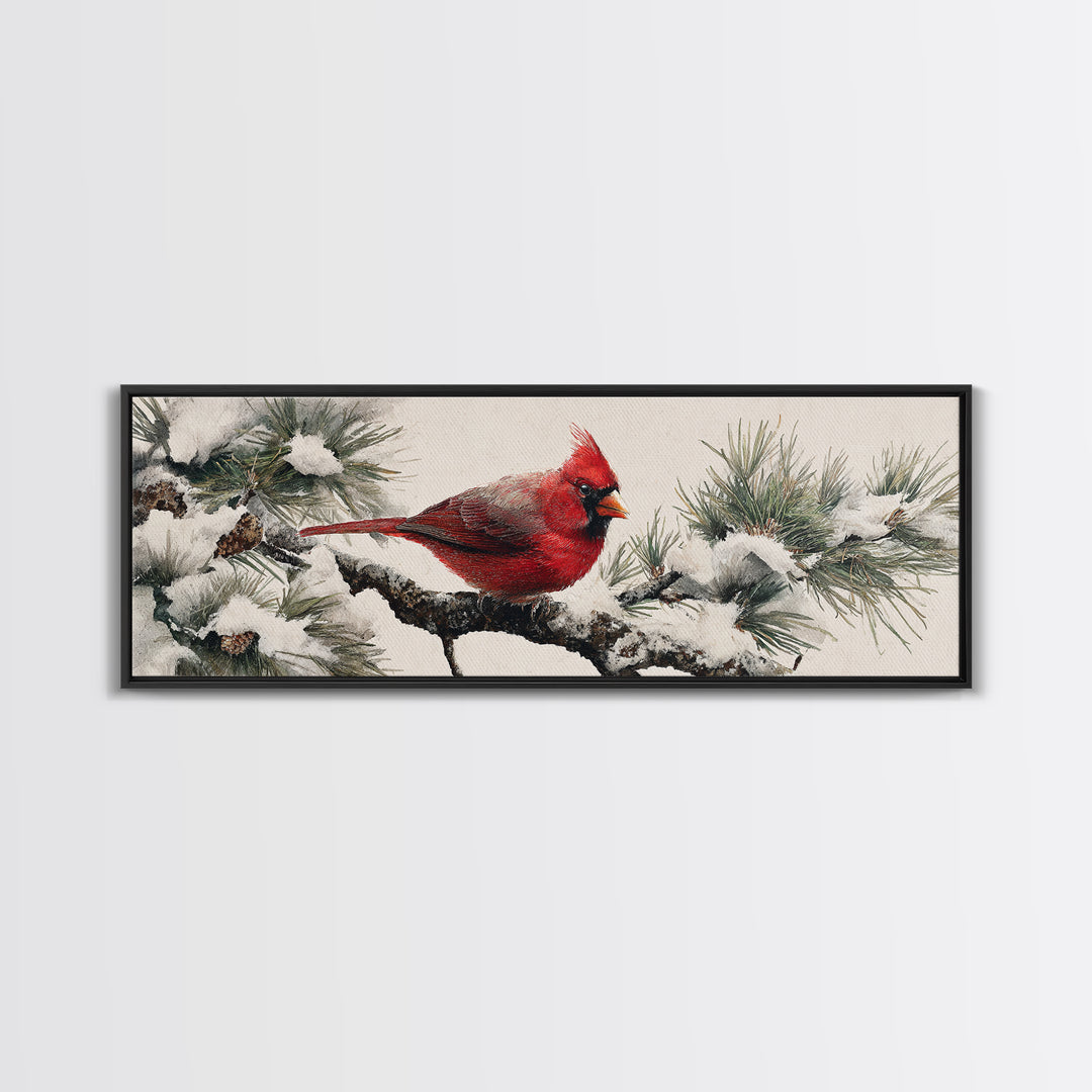 Red Cardinal on Snowy Pine Branch Framed Canvas Print, Bird Art, Floral Art, Living Room Decor, Fine Art, Flight, BIR-3x1-89