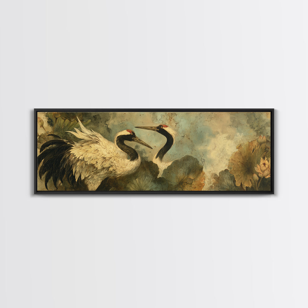 Crane and Lotus Composition Framed Canvas Print, Bird Art, Farmhouse Decor, Living Room Decor, Flight, Digital Download Art, BIR-3x1-9