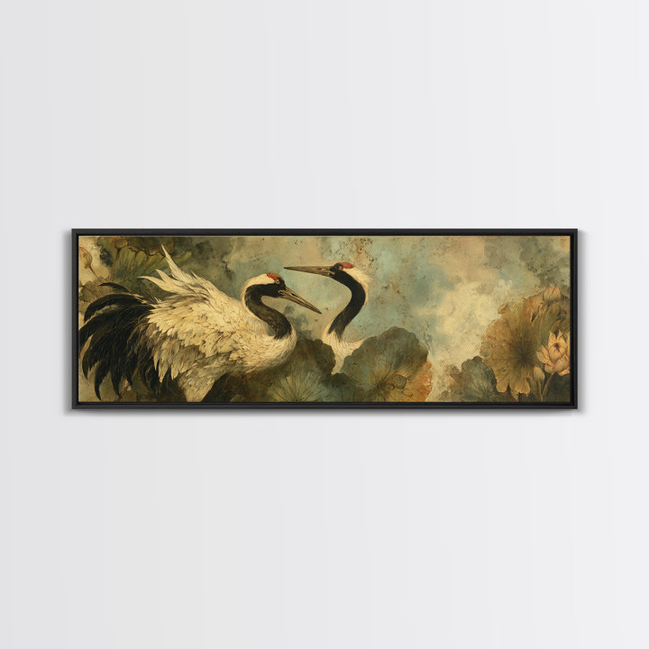 Crane and Lotus Composition Framed Canvas Print, Bird Art, Farmhouse Decor, Living Room Decor, Flight, Digital Download Art, BIR-3x1-9