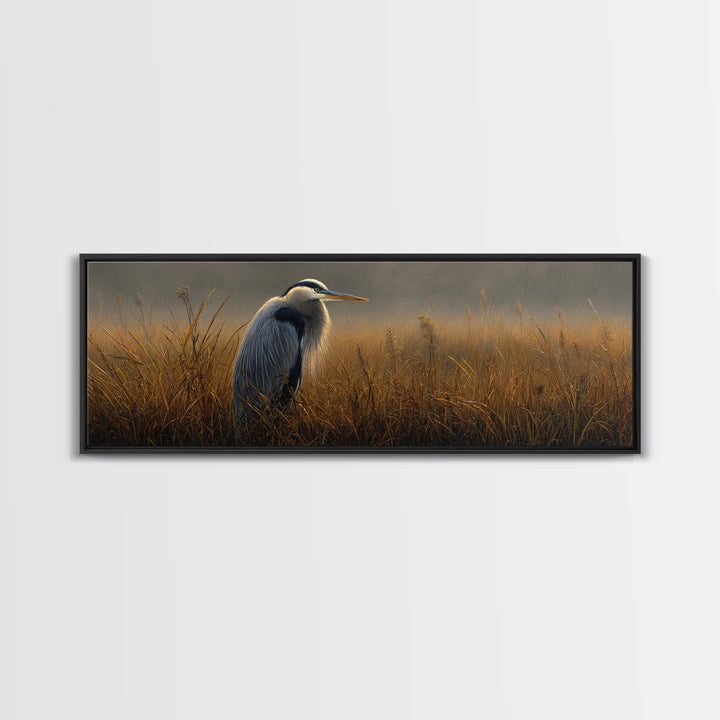 Blue Heron in Misty Marsh Grass Framed Canvas Print, Bird Art, Bird Prints, Living Room Decor, Fine Art, Flight, Modern Decor, BIR-3x1-90