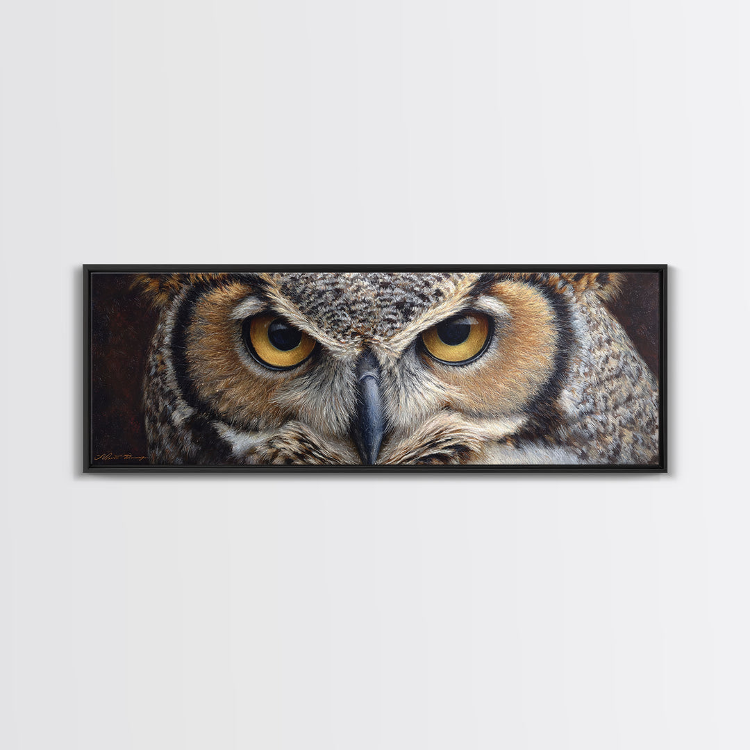 Owl Portrait with Wise Golden Eyes Canvas Print, Bird Art, Forest Wall Art, Living Room Decor, Flight, Minimalist Decor, BIR-3x1-93