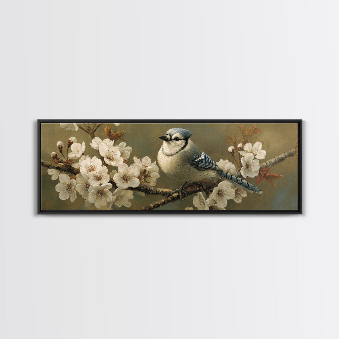 Songbird Perched on Cherry Blossoms Canvas Print, Bird Art, Neutral Decor, Living Room Decor, Fine Art, Flight, Wall Art, BIR-3x1-96