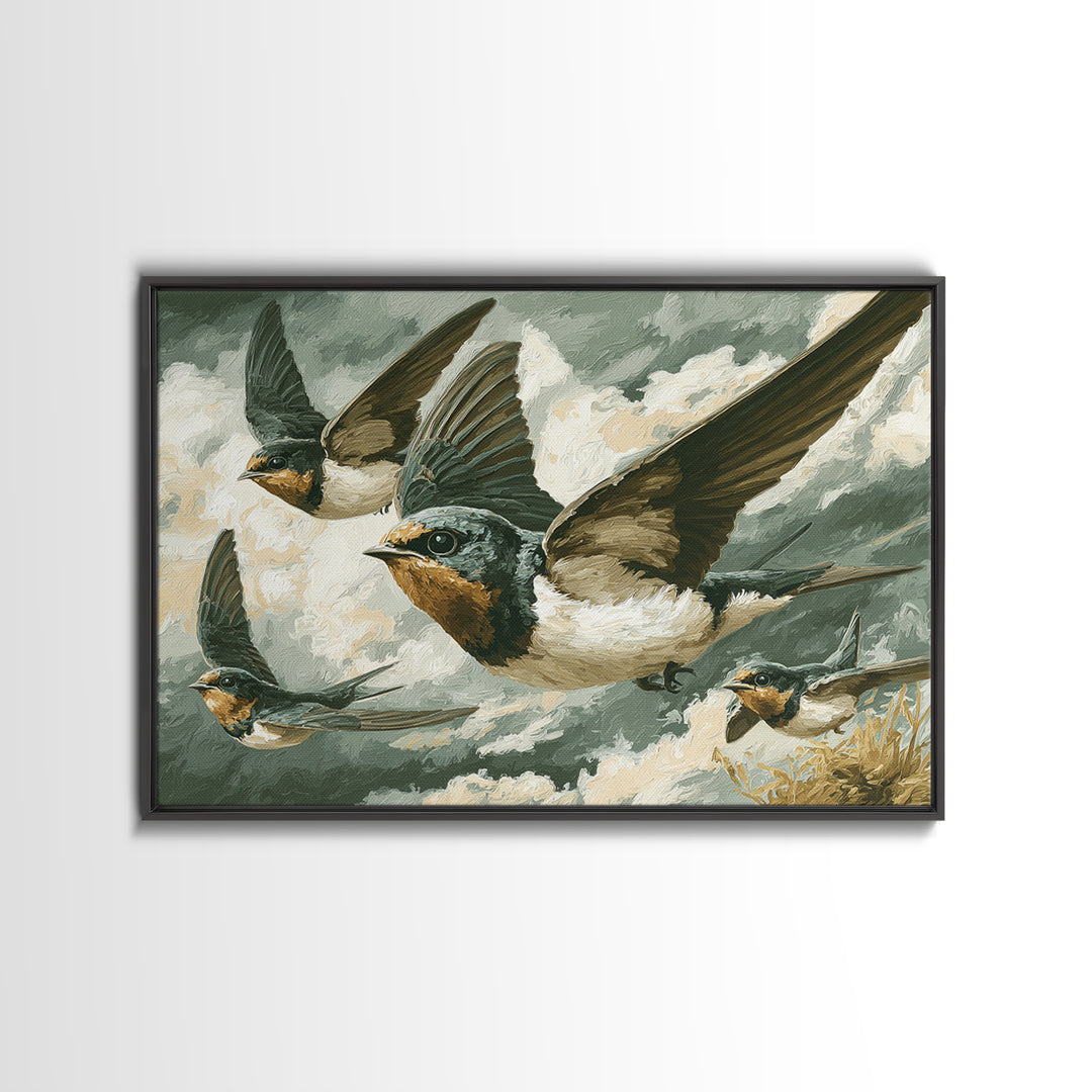 Flock of Swallows Sweeping Across Open Sky Framed Canvas Print, Bird Art, Watercolor Painting, Living Room Decor, Flight, BIR-3x2-10