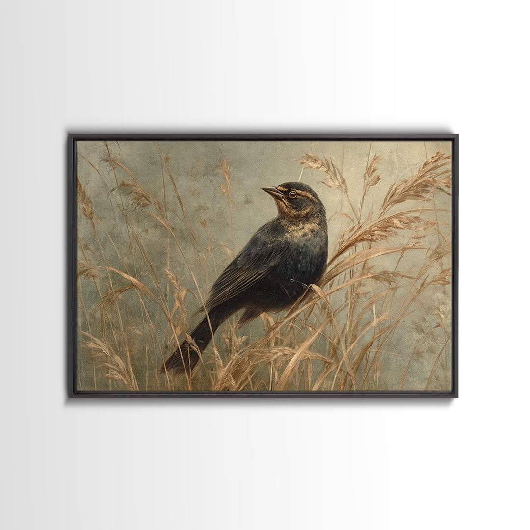 Blackbird on Gold Wheat Field Framed Canvas Print, Bird Art, Fine Art Print, Living Room Decor, Oil Painting, Flight, BIR-3x2-100