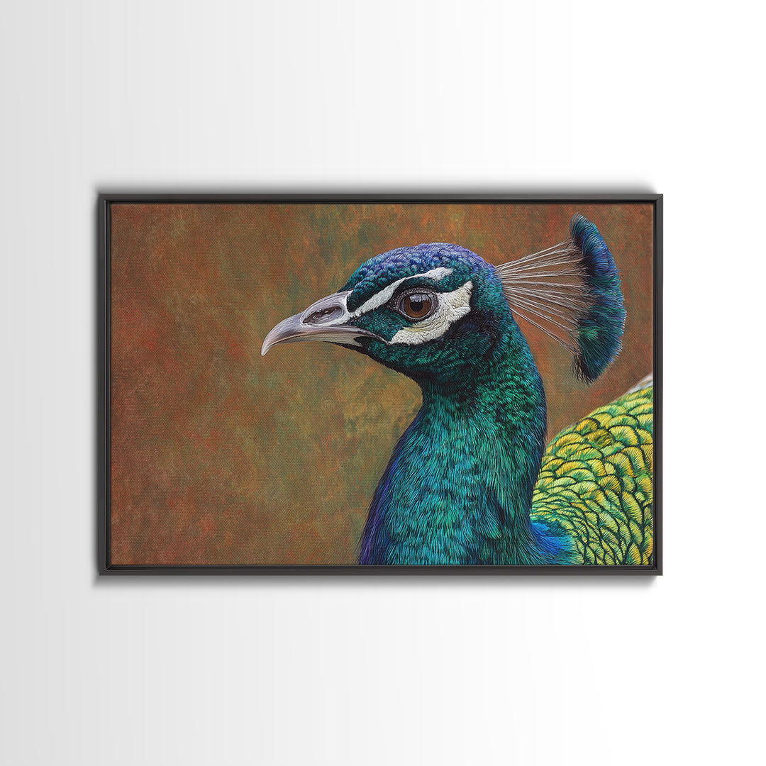 Peacock with Jewel Tone Feather Pattern Canvas Print, Bird Art, Mid Century Wall Art, Living Room Decor, Fine Art, Flight, BIR-3x2-11