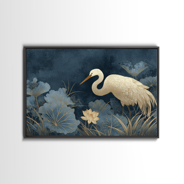 Crane and Lotus Composition Canvas Print, Bird Art, Botanical Wall Art, Living Room Decor, Fine Art, Flight, Forest Wall Art, BIR-3x2-21