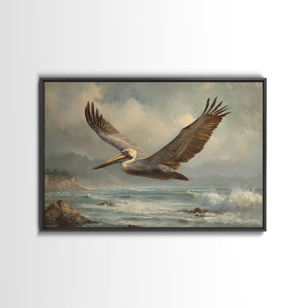 Pelican Flying over Coastal Waves Canvas Print, Bird Art, Printable Art, Living Room Decor, Oil Painting, Flight, BIR-3x2-22
