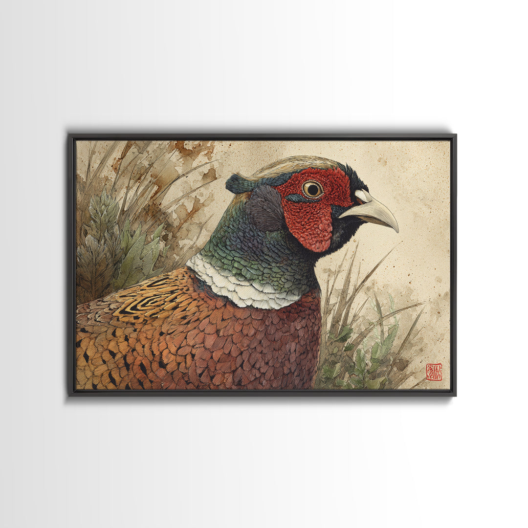 Pheasant with Ornate Feather Details Framed Canvas Print, Bird Art, Modern Art, Living Room Decor, Fine Art, Flight, Floral Art, BIR-3x2-23
