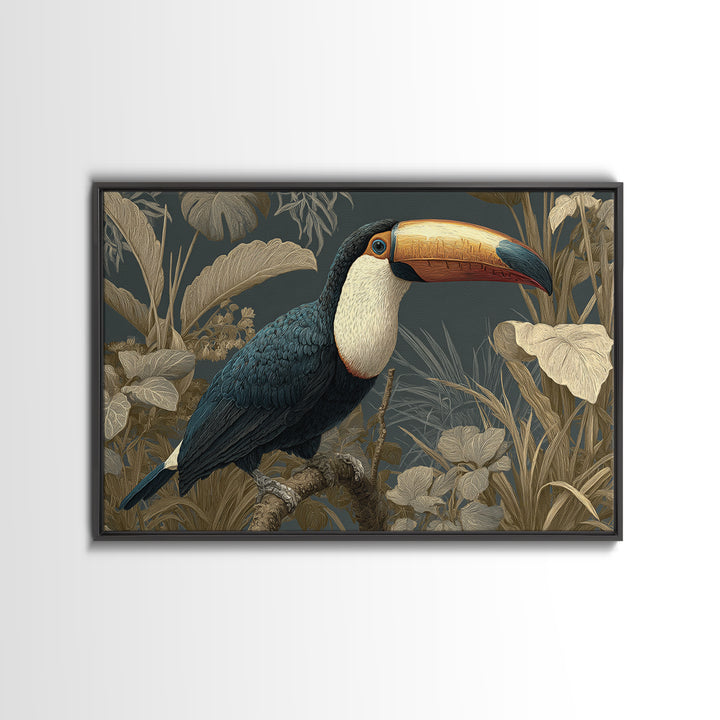 Toucan Framed by Bold Jungle Foliage Framed Canvas Print, Bird Art, Mcm Decor, Living Room Decor, Flight, Neutral Decor, BIR-3x2-27