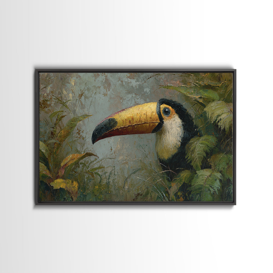 Toucan Framed by Bold Jungle Foliage Canvas Print, Bird Art, Modern Wall Art, Living Room Decor, Flight, Bird Wall Art, BIR-3x2-3