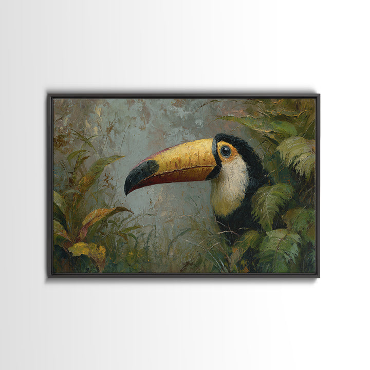 Toucan Framed by Bold Jungle Foliage Canvas Print, Bird Art, Modern Wall Art, Living Room Decor, Flight, Bird Wall Art, BIR-3x2-3
