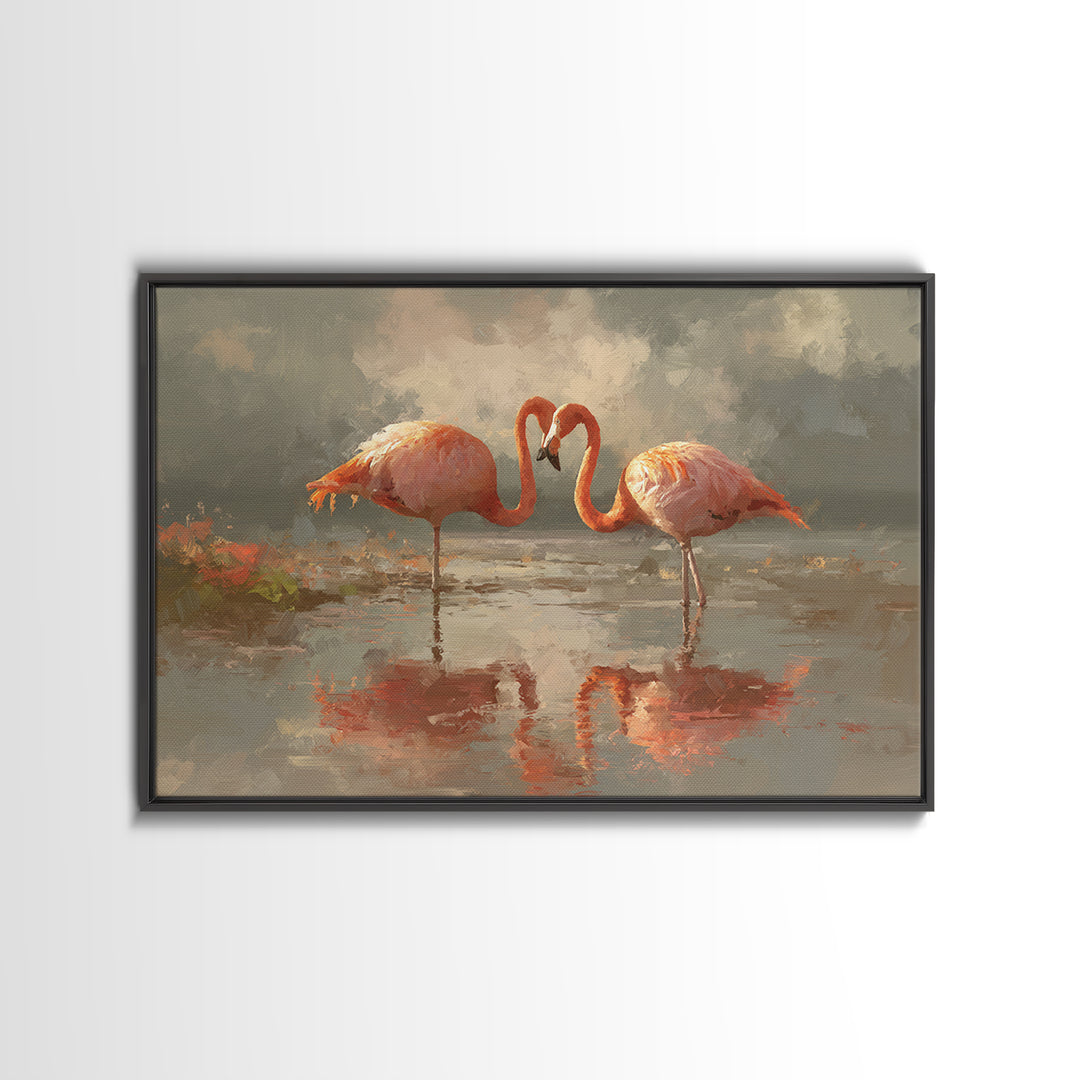 Flamingo Pair in Coral Water Reflections Canvas Print, Bird Art, Japanese Wall Art, Living Room Decor, Fine Art, Flight, BIR-3x2-38
