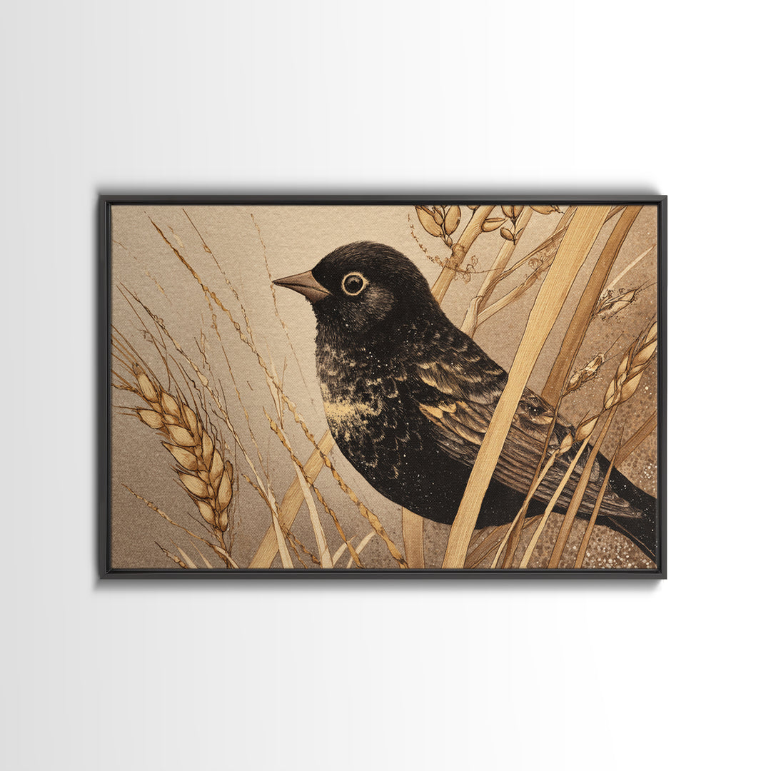 Blackbird on Gold Wheat Field Canvas Print, Bird Art, Mid Century Modern, Living Room Decor, Oil Painting, Flight, BIR-3x2-4
