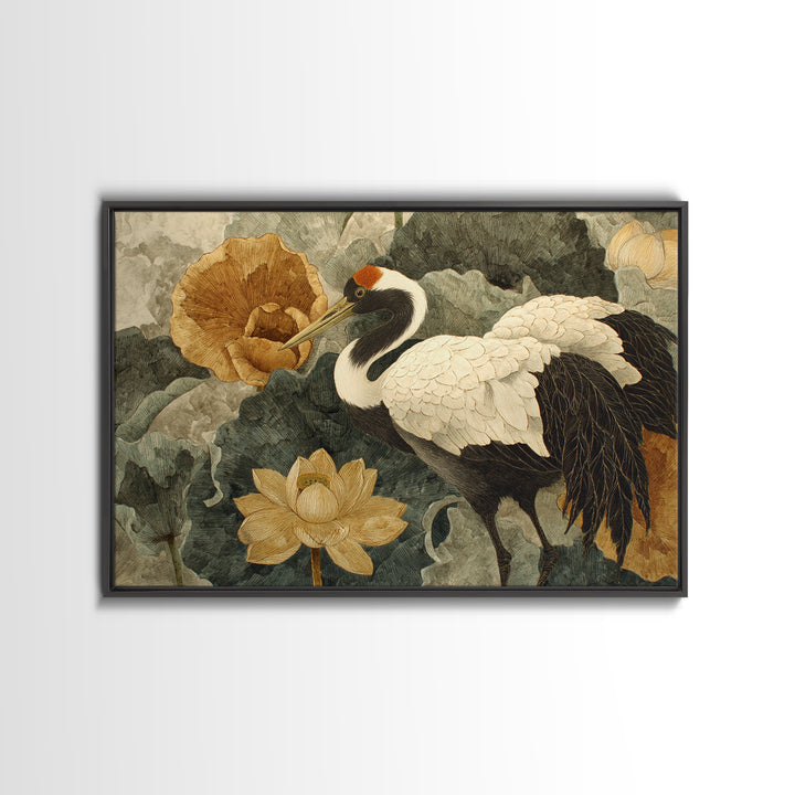 Crane and Lotus Composition Framed Canvas Print, Bird Art, Nature Prints, Living Room Decor, Fine Art, Flight, Boho Decor, BIR-3x2-45