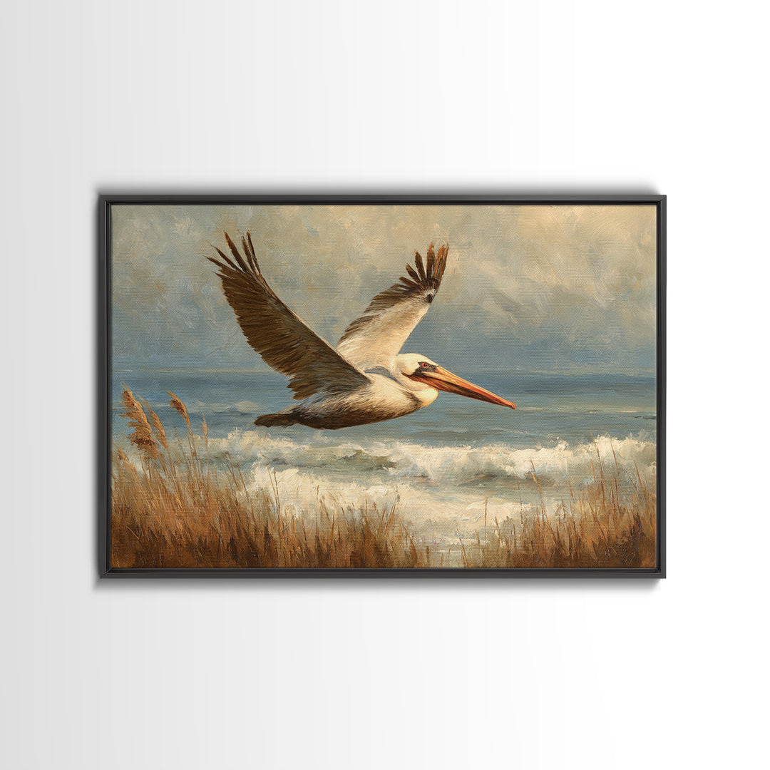 Pelican Flying over Coastal Waves Framed Canvas Print, Bird Art, Boho Wall Decor, Living Room Decor, Fine Art, Flight, BIR-3x2-46