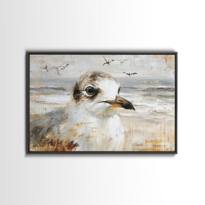 Seagulls Above a Pale Beach Horizon Canvas Print, Bird Art, Mid Century Wall Art, Living Room Decor, Fine Art, Flight, BIR-3x2-48
