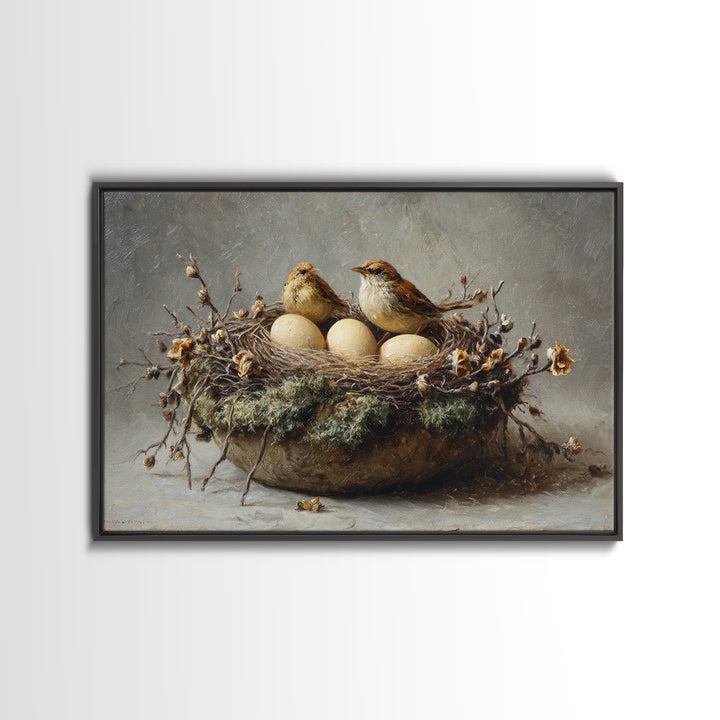 Bird Nest with Eggs and Delicate Twigs Framed Canvas Print, Bird Art, Living Room Decor, Oil Painting, Flight, BIR-3x2-50