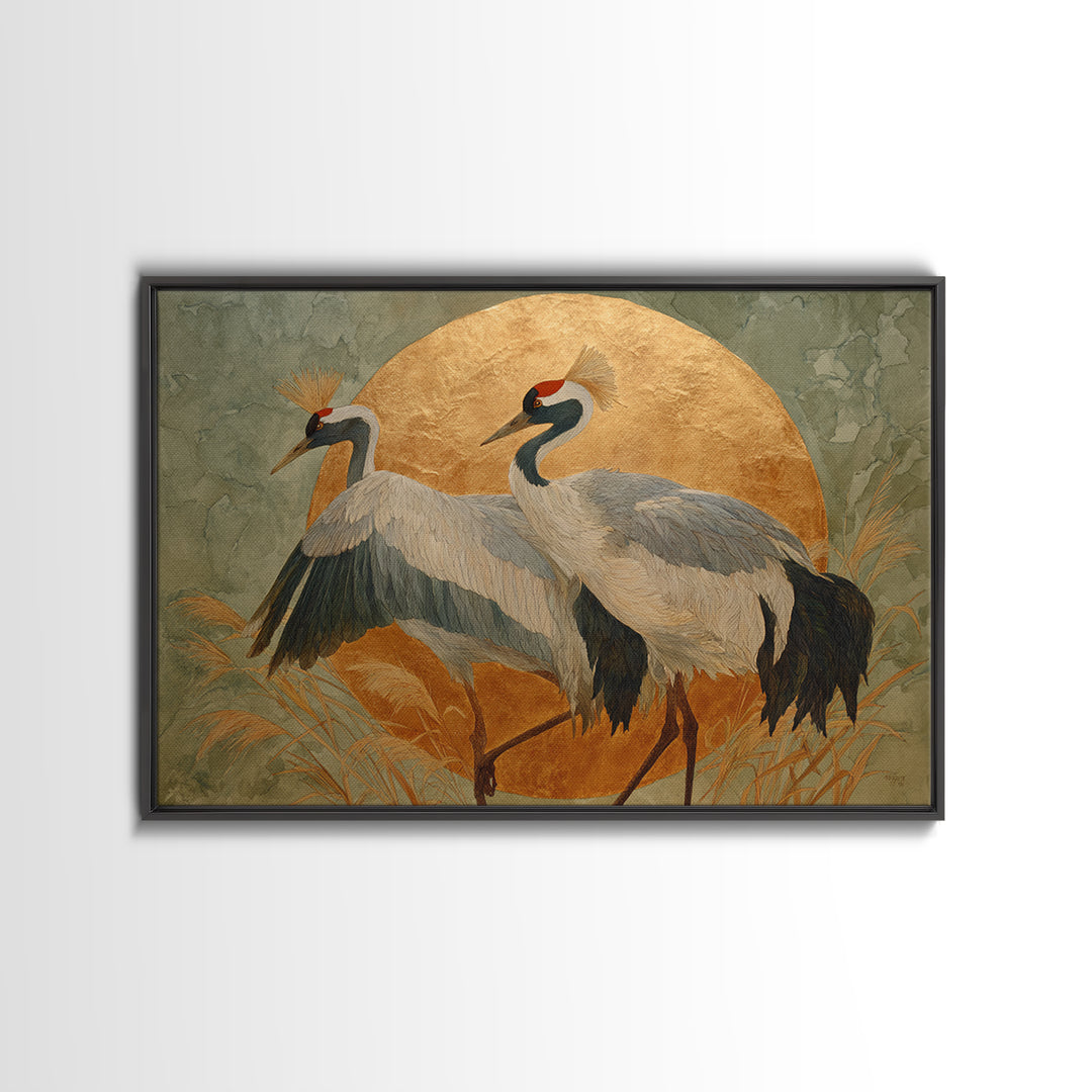 Pair of Cranes Dancing Framed Canvas Print, Bird Art, Digital Prints, Living Room Decor, Oil Painting, Flight, Modern Art, BIR-3x2-55