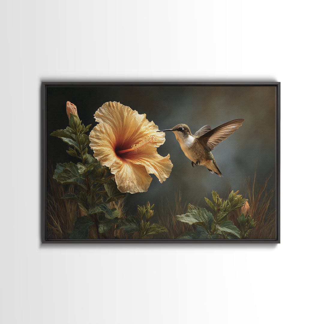 Hummingbird Hovering Beside Bright Hibiscus Canvas Print, Bird Art, Floral Art, Living Room Decor, Fine Art, Flight, BIR-3x2-56