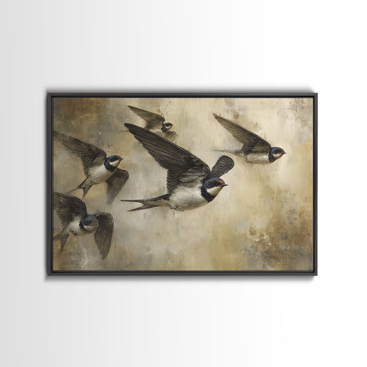 Flock of Swallows Sweeping Across Open Sky Canvas Print, Bird Art, Botanical Wall Art, Living Room Decor, Watercolor Art, BIR-3x2-58