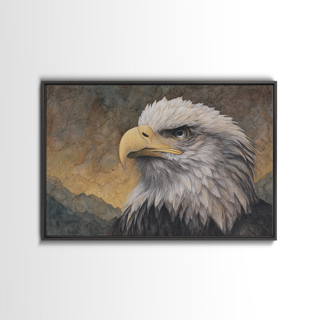 Eagle Portrait with Dramatic Mountain Wind Framed Canvas Print, Bird Art, Gallery Decor, Living Room Decor, Fine Art, Flight, BIR-3x2-64