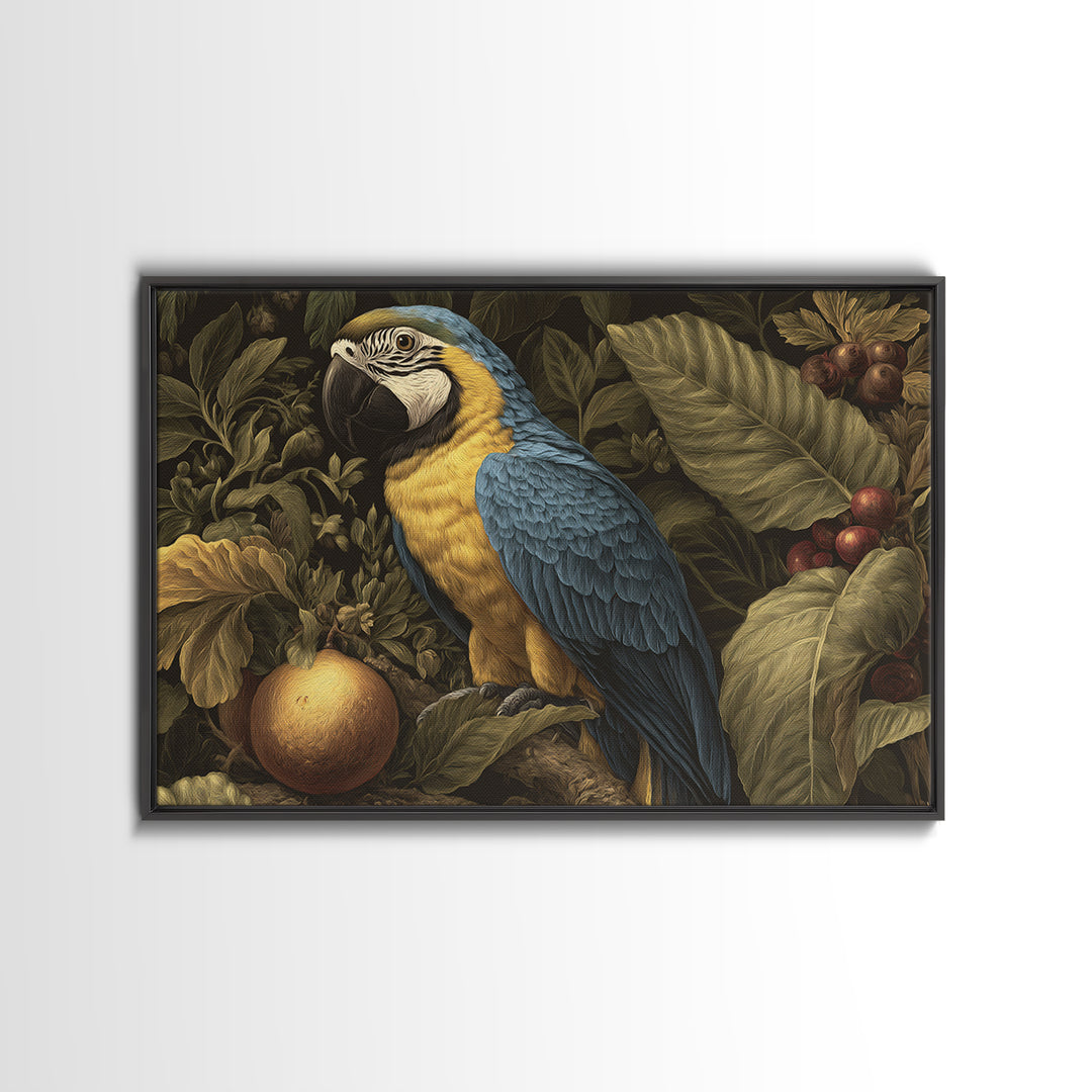Parrot Among Tropical Leaves and Fruit Framed Canvas Print, Bird Art, Digital Download Art, Living Room Decor, Watercolor Art, BIR-3x2-65