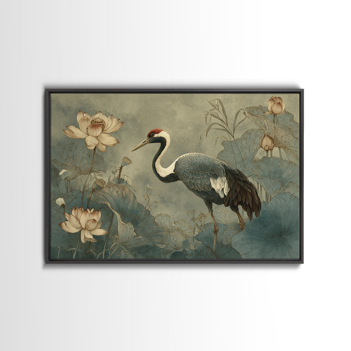 Crane and Lotus Composition Framed Canvas Print, Bird Art, Nature Prints, Living Room Decor, Fine Art, Flight, Boho Decor, BIR-3x2-69