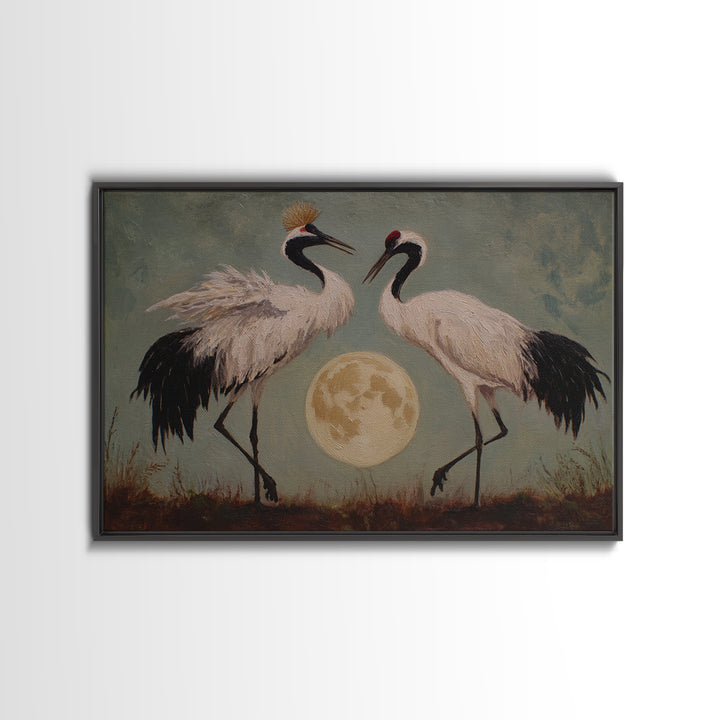 Pair of Cranes Dancing Framed Canvas Print, Bird Art, Home Decor, Living Room Decor, Abstract Art, Flight, Modern Wall Art, BIR-3x2-7