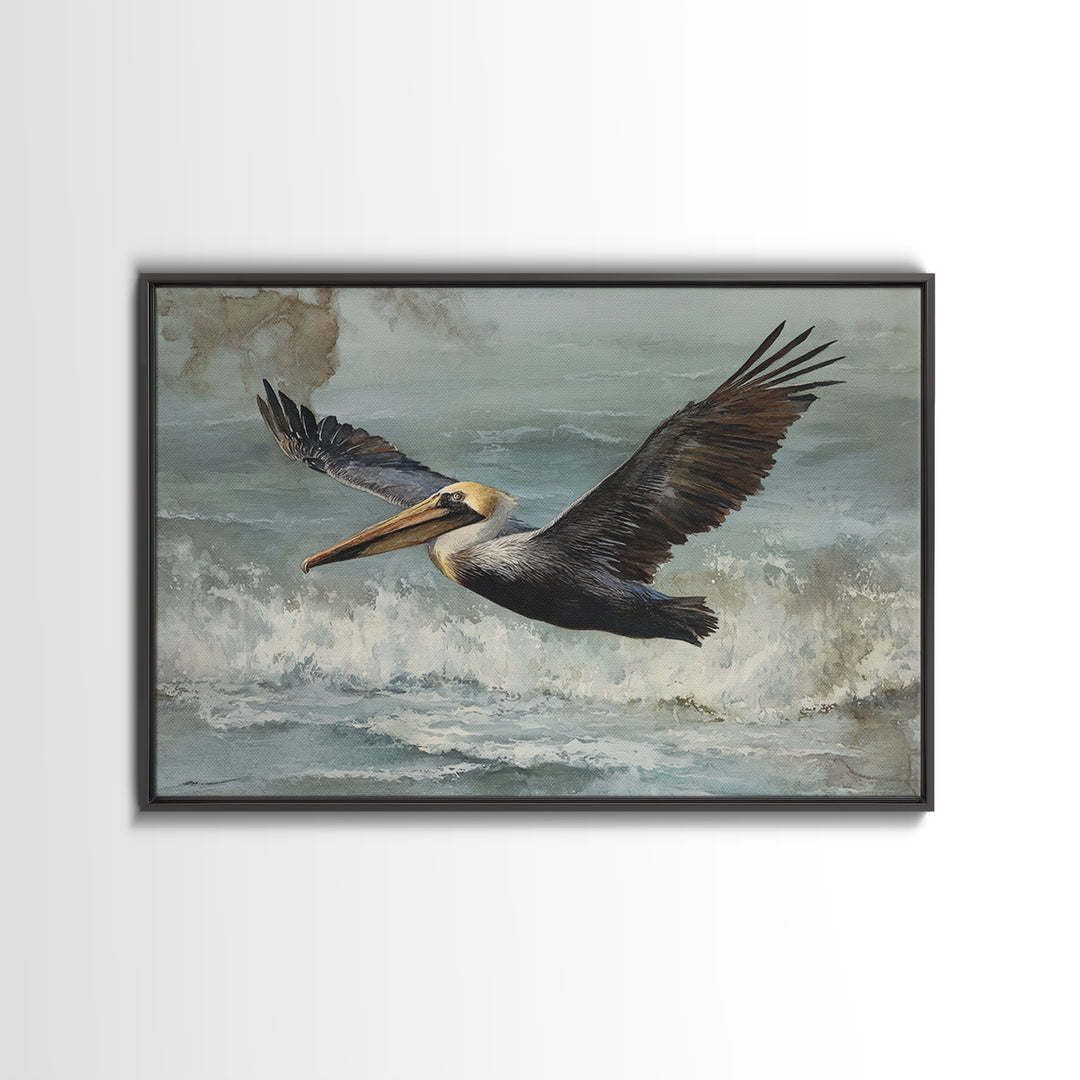 Pelican Flying over Coastal Waves Framed Canvas Print, Bird Art, Boho Wall Decor, Living Room Decor, Fine Art, Flight, BIR-3x2-70