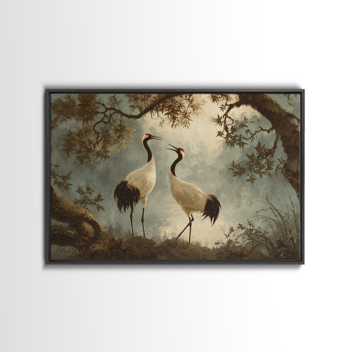 Pair of Cranes Dancing Framed Canvas Print, Bird Art, Bird Wall Art, Living Room Decor, Watercolor Art, Flight, Art Print, BIR-3x2-79