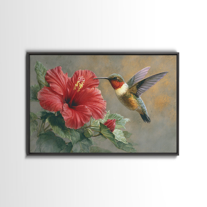 Hummingbird Hovering Beside Bright Hibiscus Framed Canvas Print, Bird Art, Watercolor Painting, Living Room Decor, Oil Painting, BIR-3x2-8