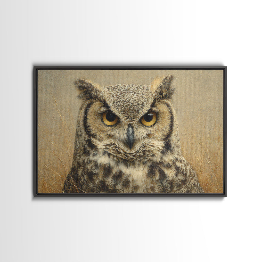 Owl Portrait with Wise Golden Eyes Framed Canvas Print, Bird Art, Bird Wall Art, Living Room Decor, Oil Painting, Flight, BIR-3x2-81